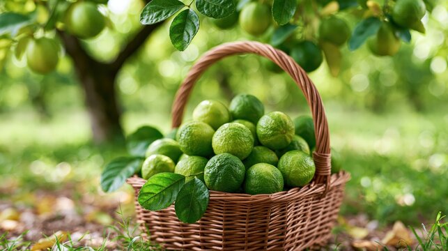 Wicker basket full of fresh green limes picked from a tree in an orchard