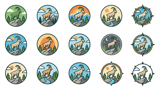 Modern Vibrant Mountain Goat Set Colorful Circular Icons with Goats in Nature Scenes with high quality professional line art symbols for modern creative design and digital branding projects