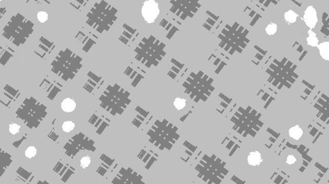 Abstract Geometric Pattern: A grayscale abstract geometric pattern with repeating checkered motifs and scattered circular elements, creating a modern and minimalist visual.