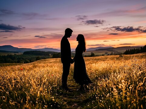 Romantic couple standing together in a golden field during a breathtaking sunset moment