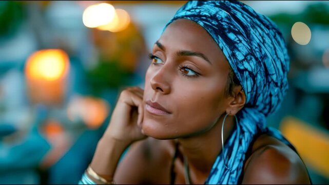 Close-up portrait of a confident woman in a colorful headwrap, showing elegance, cultural style and natural beauty