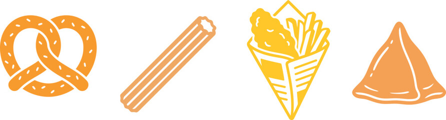 Set of orange line art icons featuring popular street food snacks © Md
