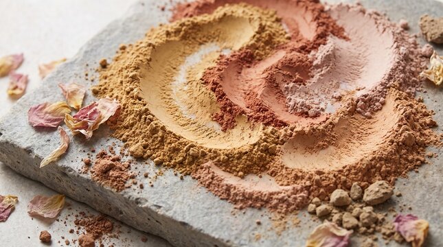 Swirls of earthy pigment powder in beige and terracotta, natural cosmetic texture background