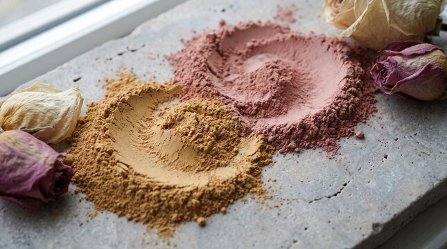 Pink and terracotta pigment powders beside dried roses on concrete