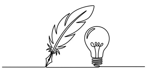 Continuous single line drawing of a feather quill pen and a bright light bulb idea symbol © S Arts & Culture
