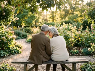 Fototapeta premium Senior couple sitting together on a bench in a beautiful blooming garden pathway