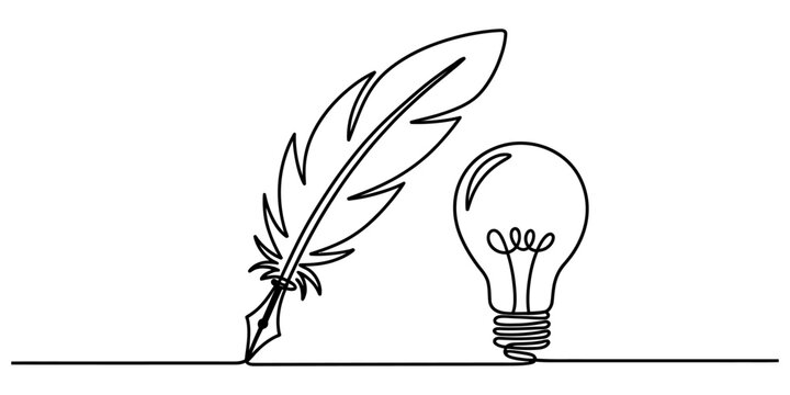 Continuous single line drawing of a feather quill pen and a bright light bulb idea symbol