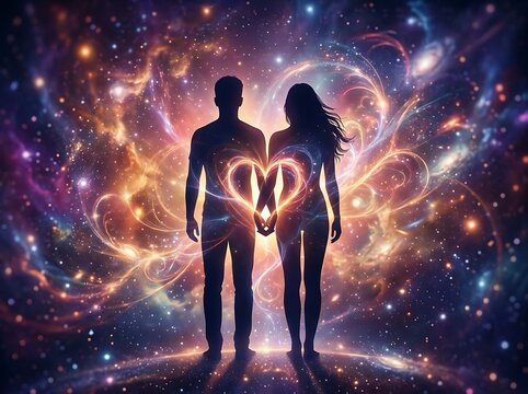 Silhouette of a loving couple holding hands with cosmic energy and glowing heart shape illustration