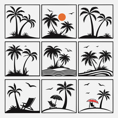 Fototapeta premium Collection of tropical island beach scenes with palm trees silhouettes, ocean waves, flying birds, sun, and beach furniture like lounge chairs and umbrellas, illustrating leisure.