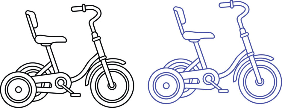 Kids tricycle vector line art icon set for children toys and recreational design