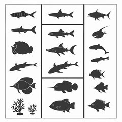 Set of black fish silhouettes, simple graphic drawing of various marine animals, perfect for ocean-themed designs, logos, or educational materials. © Monira