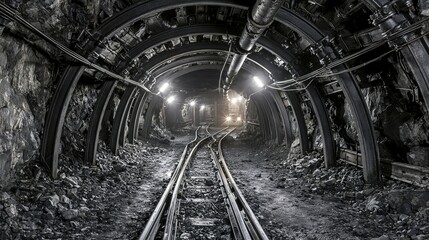 Obraz premium Mineral Mine Tunnel: Metal Tracks, Industrial Pipes, Dim Lighting