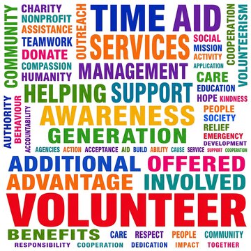 Colorful volunteer services word cloud illustration