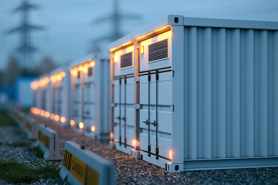 Battery energy storage containers with illuminated edges in industrial facility