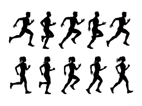 Running silhouettes of men and women in various poses, black icons for fitness and sports