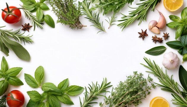 fresh herbs and spices fraing white background for fod photography