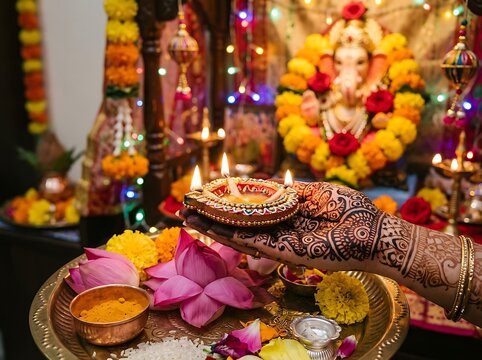 Traditional hindu religious ceremony with decorated hands holding oil lamp and flowers arrangement display