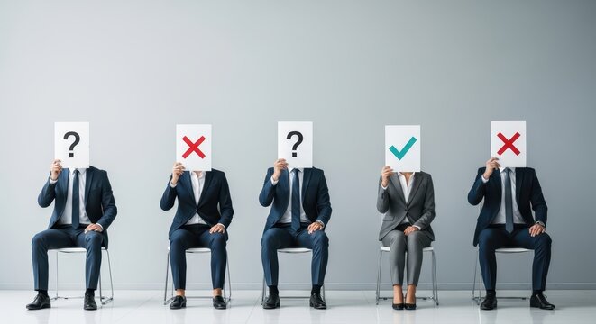 Group of Business Professionals Holding Question Marks, Crosses and Checkmark for Recruitment Concept