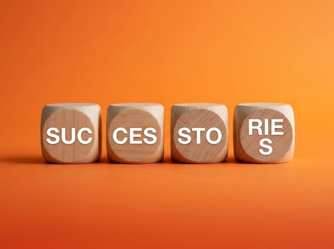Wooden blocks spelling success stories on a vibrant orange background for motivation and achievement concepts