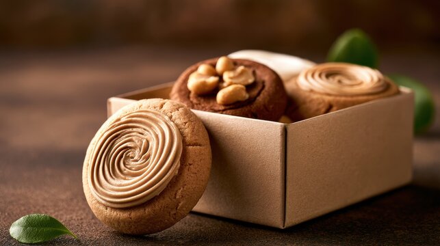 Fresh swirl cream cookies in a cardboard box on a dark surface. Perfect for bakery advertisements or dessert.
