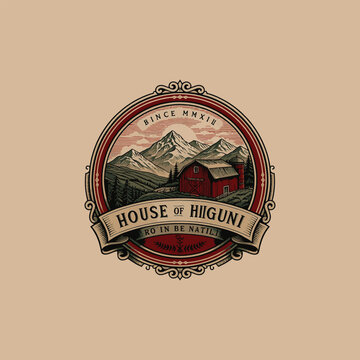 Vintage Mountain Landscape and Barn Circular Emblem Logo Template