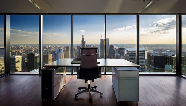 modern executive office with ergonomic chair desk and city view