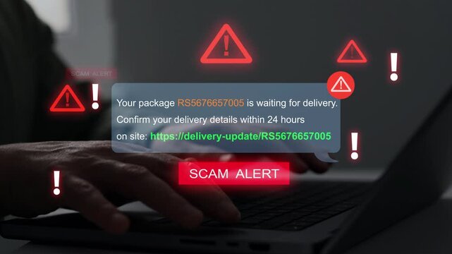 Fake postal service message requesting verification code for parcel delivery. Online phishing attack, package tracking scam, cyber fraud, mobile security and identity protection concept.