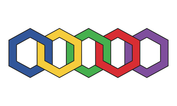 Minimalist geometric composition featuring five interlocking hexagonal rings arranged in a horizontal chain with bold flat colors abstract design concept