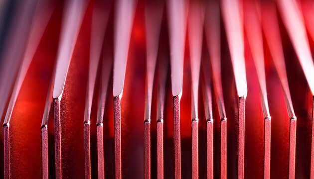 red anodized aluminum heat sink fins for electronic cooling close up industrial hardware and technology concept defocused background with copy space