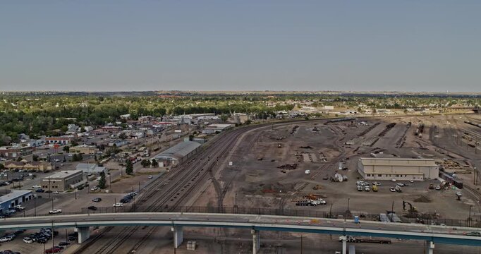 Cheyenne Wyoming Aerial v7 circular pan shot showing the marshalling yard and surrounding townscape in daytime - Shot with Inspire 2, X7 camera - August 2020
