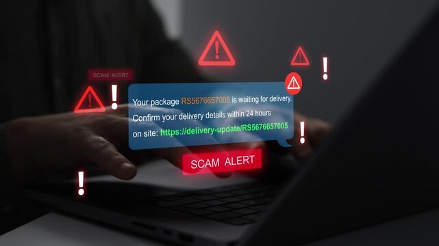 Postal scam concept with fake parcel delivery notification, phishing message and verification code fraud. Cybersecurity warning about SMS scams, online identity theft and digital payment deception.
