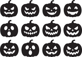 Obraz premium Twelve black and white halloween pumpkin silhouettes with carved jack-o-lantern