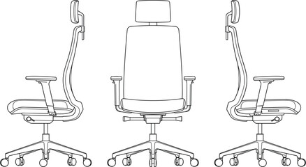Ergonomic mesh office chair technical drawings showing front and side views with adjustable headrest lumbar support and wheels © MSTRAZINA