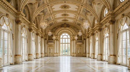 Obraz premium Luxurious Baroque Style Empty Ballroom with Ornate Details and Chandeliers