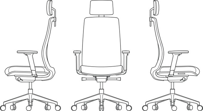 Ergonomic mesh office chair technical drawings showing front and side views with adjustable headrest lumbar support and wheels