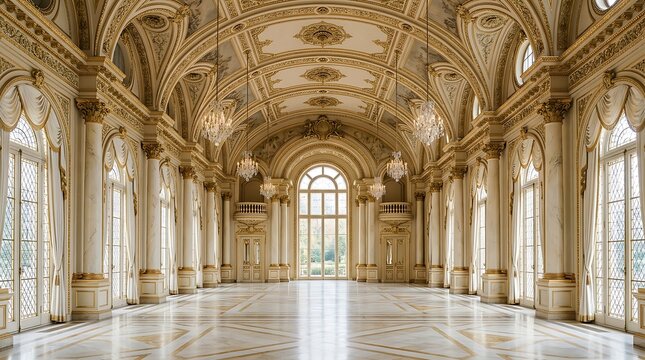 Luxurious Baroque Style Empty Ballroom with Ornate Details and Chandeliers
