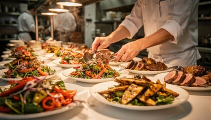 Obraz premium Closeup medium shot of a chef arranging buffetstyle dishes on a long table highlighting colorful servings with outoffocus kitchen staff in the background.
