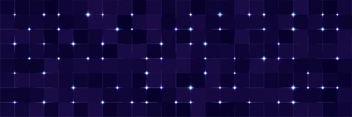 Deep dark purple square grid with bright four-point star sparkles glowing at every node, luxury cosmic night sky digital pattern background © Яна 