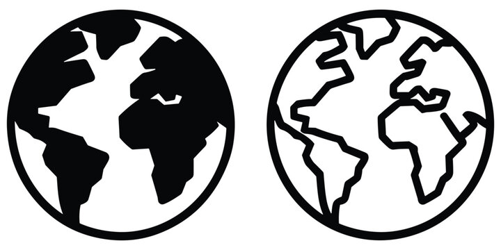 Minimalist world globe icons showcasing simple continental shapes in solid and outline line styles