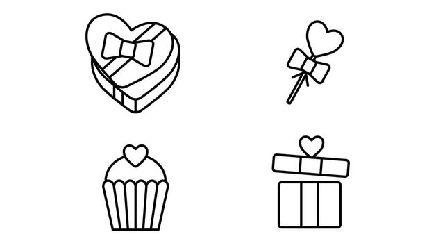 Sweet Valentine Gift Icon Pack Seamless Loop Animation in 4K with Transparent Background Minimalist Black Outline Collection