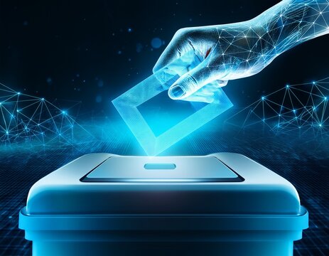 illuminated digital hand places a glowing electronic ballot into a futuristic receptacle
