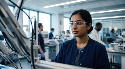 Fototapeta premium Indian woman surgeon operating medical robotic system during surgery. Innovative technology for oncology and cardiology training. Doctor using high tech equipment in modern hospital room.