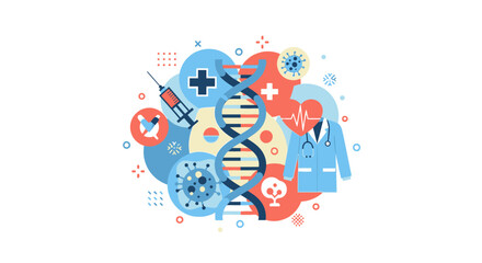 Fototapeta premium Medical Research and Healthcare Concept Illustration with DNA Helix, Lab Coat, Syringe, and Vaccine Icons for Biotechnology and Science Projects