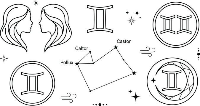 Gemini Zodiac Sign and Constellation Line Art Vector Icon Set