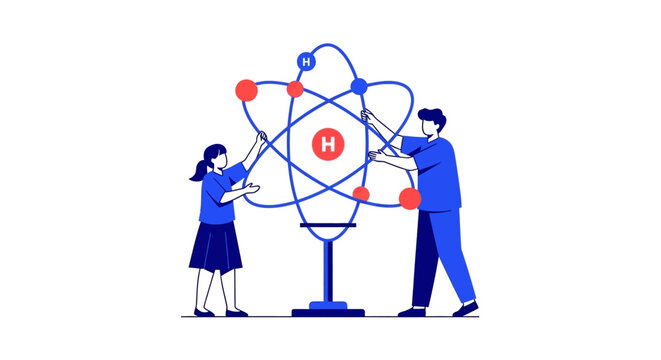 Hydrogen Atom Model Science Education Concept Illustration with People, STEM Learning, Atomic Structure and Sustainable Green Energy Technology