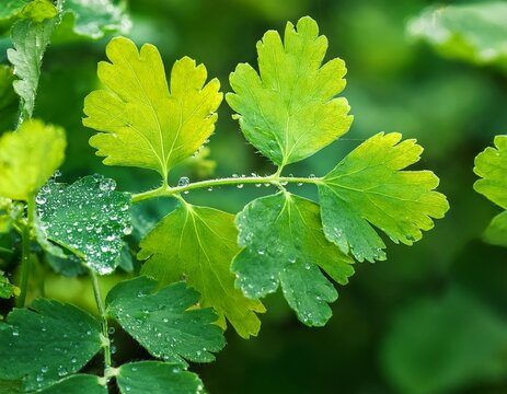 green leaves of greater celandine chelidonium majus plant with water droplets natural background