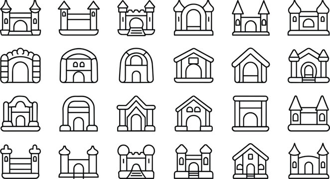 Inflatable bouncy castle line icon set featuring various jumping house shapes for kids outdoor playground and festival amusement