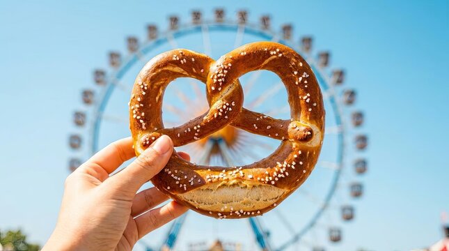 Hand holding traditional soft pretzel at carnival fair.