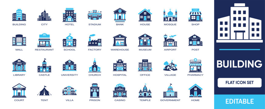 Building editable solid icon set. Includes symbols by hotel, pharmacy, shopping mall, school, hospital, university, bank, office and more. Vector illustration icons collection.
