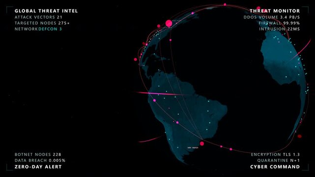 Deep spatial push into a cyber warfare globe featuring a glowing cyan and magenta digital earth with threat vectors inside a underwater glowing connection lines, panoramic view.